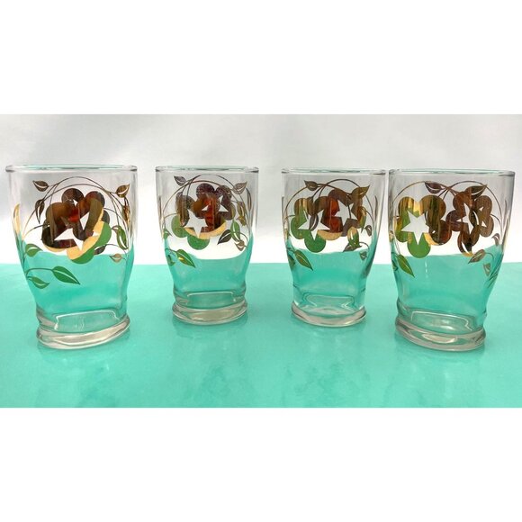 Vintage MCM glass tumblers, Dominion glass, gold flowers MCM glassware, set of 4 - Picture 3 of 7